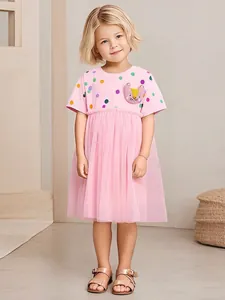 Robe de Princesse à Manches Courtes à Pois pour Filles Avec Ourlet en Maille Broderie de Patch Coton Doux Vêtements d'Été