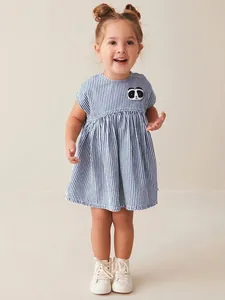 Mädchen Ärmellos Blau Gestreift Baumwolle Kleid Mit Süß Panda Patch Stickerei Sommer Lässig Kleinkinder Kinder A-Linie Kleid