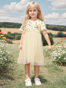 Robe d'été pour filles avec jupe en tulle jaune et broderie chat mignonne