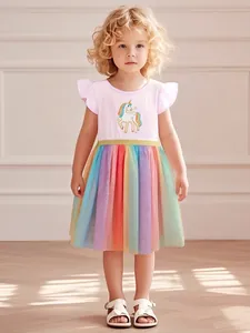 Abito da Bambina a Maniche Corte con Applicazione di Unicorno in Rete Arcobaleno in Cotone Patchwork da Principessa per Feste