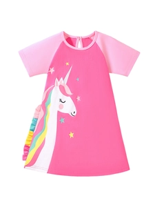 Robe fille en coton rose avec motif licorne, manches courtes et volants arc-en-ciel