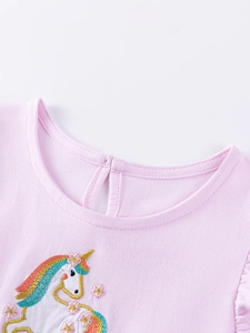 Abito rosa in cotone per bambine con ricamo a forma di unicorno e girocollo rifinito