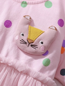 Robe rose en coton pour filles à manches courtes avec pois colorés et broderie renard