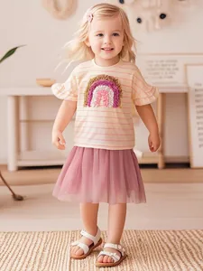 Ensemble T-Shirt en Coton et Jupe en Maille pour Filles Rayures Roses Arc-en-Ciel Appliqué Haut d'Été Manches Courtes et Jupe Tutu