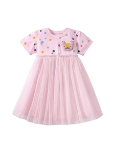 Robe rose à manches courtes pour filles avec pois colorés et jupe en tulle multicouche