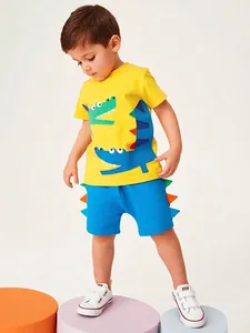 Ensemble de T-Shirt et Short en Coton avec Applique de Crocodile pour Garçons Jaune Bleu Tenue Deux Pièces pour Enfants