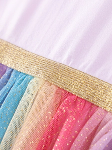 Abito bambina in tulle arcobaleno con top in cotone viola e elastico in vita dorato