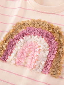 Haut pour fille avec décoration arc-en-ciel 3D et motif à rayures rose et blanc