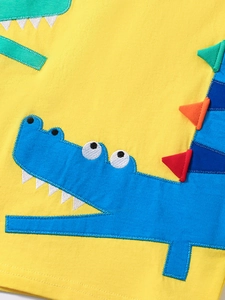 T-shirt jaune pour enfant en coton avec appliqué crocodile et broderie 3D détaillée