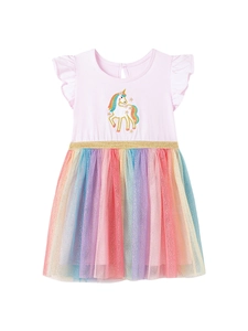 Abito rosa in cotone per bambine con ricamo unicorno e gonna in tulle colorato