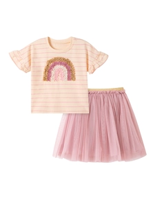 Ensemble d'été rose pour fille avec t-shirt à rayures arc-en-ciel et jupe tutu à volants