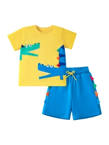 Ensemble d'été pour garçons en coton avec t-shirt crocodile jaune et short bleu