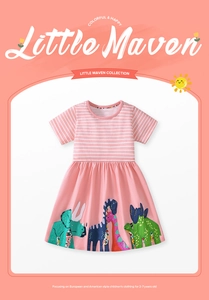 Detail of girls pink striped dress featuring colorful cartoon dinosaur applique embroidery