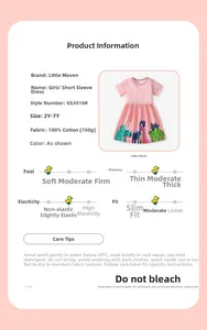 Size chart detail for girls cotton dress featuring pink stripes and dinosaur print