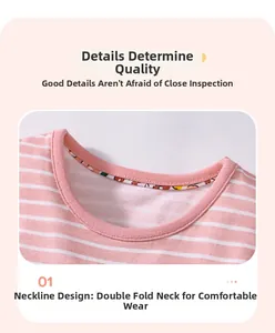 Detail of pink and white striped girl's dress neckline with soft ribbed edging