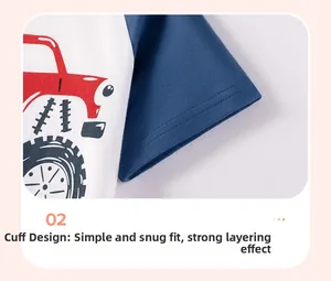 Détail de la couture sur une manche bleue et imprimé camion sur un t-shirt blanc enfant