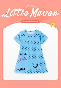 Short sleeve light blue polka dot dress featuring a large cartoon cat for girls 2-7Y