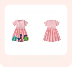 Detailed front and back views of girls' pink striped dress with cartoon dinosaurs