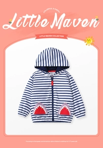 Detail of kids striped hooded jacket with red shark teeth pockets and cotton texture
