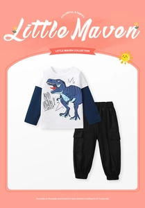 Detail of boys cotton set with T-rex long sleeve tee and black cargo pants for 2-7 years