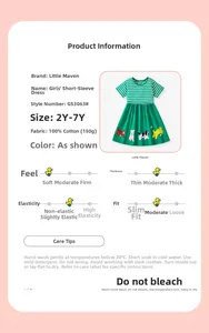 Detail of short-sleeve girls cotton dress with colorful animal embroidery and stripes