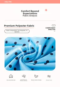 Close-up of blue polka dot fabric made of 95% polyester and 5% spandex for summer dresses
