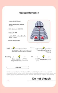 Detail view of striped cotton toddler hoodie showing fabric texture and care instructions