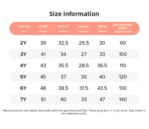 Detailed size chart for girls striped hooded outfit with measurements from 2Y to 7Y