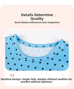 Close-up of blue polka dot cotton dress neckline with double-needle stitching detail