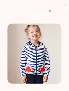 Detail of girls' blue striped hoodie with cute purple shark pocket and ribbed cuffs