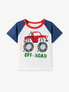 T-shirt raglan pour enfants en coton avec imprimé camion tout-terrain rouge et bleu