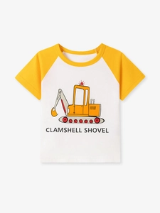 T-shirt en coton pour garçons avec manches raglan jaunes et motif excavateur