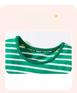 Close-up of dual-fold striped neckline with decorative colorful geometric tape