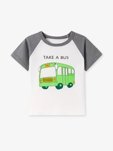 T-shirt raglan enfant en coton avec imprimé bus vert dessin animé et texte Take A Bus