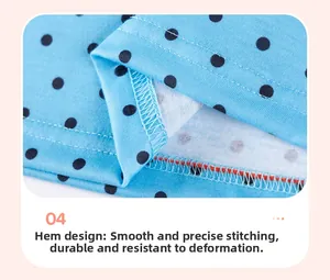 Detail of the high-quality stitching on the blue polka dot cotton girl's dress hemline