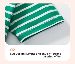 Detail of green and white striped short sleeve cuff with neat double-needle stitching