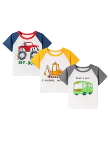 Lot de 3 t-shirts pour enfants en coton avec imprimés voitures et pelleteuses