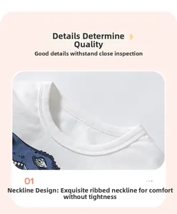 Detail of the durable rolled neck design on this cotton cartoon dinosaur toddler T-shirt