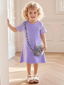 Abito Estivo da Bambina in Cotone Manica Corta Simpatico Cartone Animato Patch 3D Gatto Gelato A-Line Abito Principessa per Bambini
