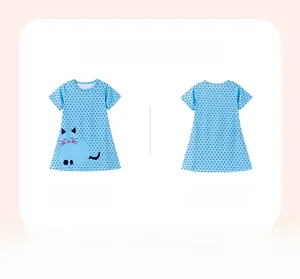 Front and back view of a blue short sleeve girls' dress with polka dots and cartoon cat print
