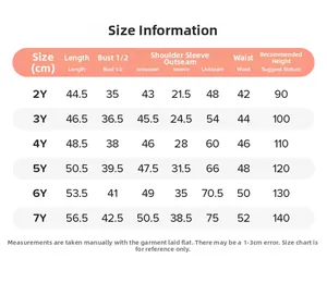 Detailed size chart for girls' cartoon striped two-piece set for ages 2 to 7 years