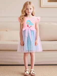 Robe de Princesse Sirène pour Petites Filles Patchwork en Filet Manches Volantes Rose Bleu Été Enfants Robe de Fête Tutu