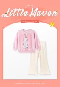 Detail of pink sweatshirt with cartoon rabbit and ribbed flare pants for girls aged 2-7