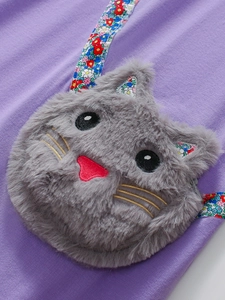 Borsa a tracolla gatto in peluche grigio con dettagli floreali su sfondo viola