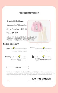 Infographic showing pink rabbit sweatshirt and ribbed pants set with fabric details