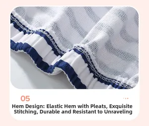 Close-up of blue and white striped fabric hem with elastic gathers and fine stitching