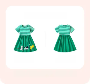 Detail view of girls' striped short sleeve dress with cartoon animal prints front and back