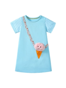 Abito estivo celeste da bambina con stampa floreale e dettaglio gelato in peluche 3D