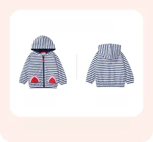 Detailed front and back view of girls' striped zip-up hoodie with cute shark pockets