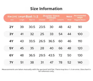 Detailed size chart for kids cartoon long sleeve t-shirt and pants set from 2Y to 7Y